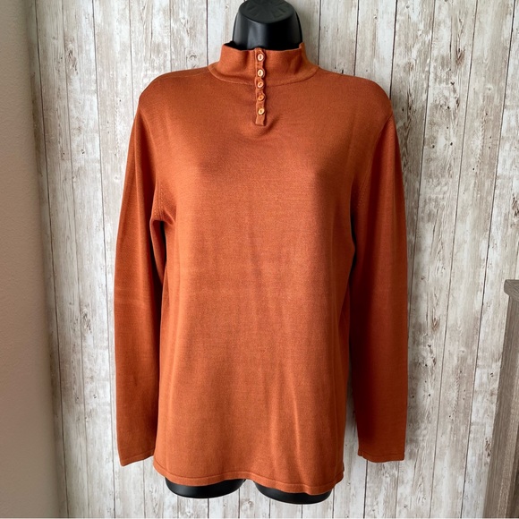 Doncaster Tops - Doncaster Silk Button Placket Mock Neck Long Sleeve Top Rust Orange Size L